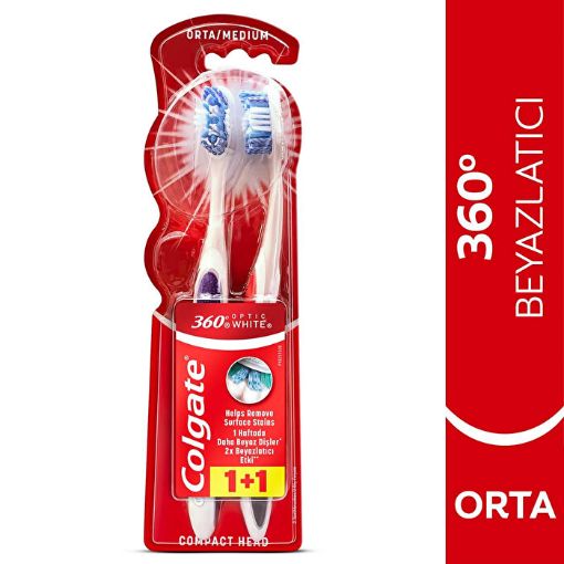 Colgate 360 Optik Beyaz Dil ve Yanak Temizleyicili Orta Beyazlatıcı Diş Fırçası 1+1. ürün görseli